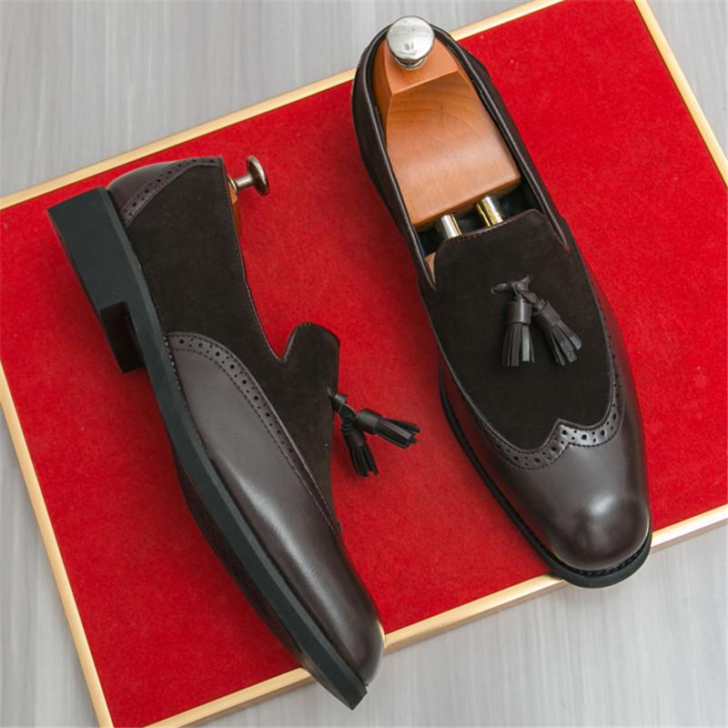 Designer New Men's Pointed Suede Leather Mixed Patchwork Wedding Dress Brogues Shoes Male Tassels Loafers Zapatos Hombre