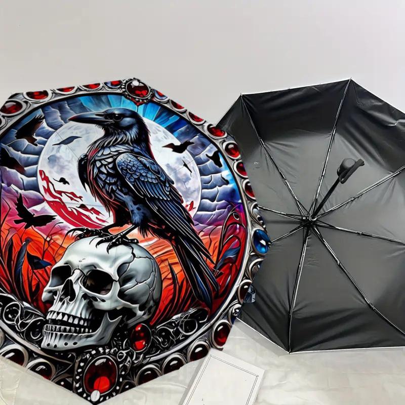 1pc Raven Moonlit Skull Artwork Umbrella with Plastic Handle,Suitable for All Seasons Home Travel Outdoor UmbrellaDD1420
