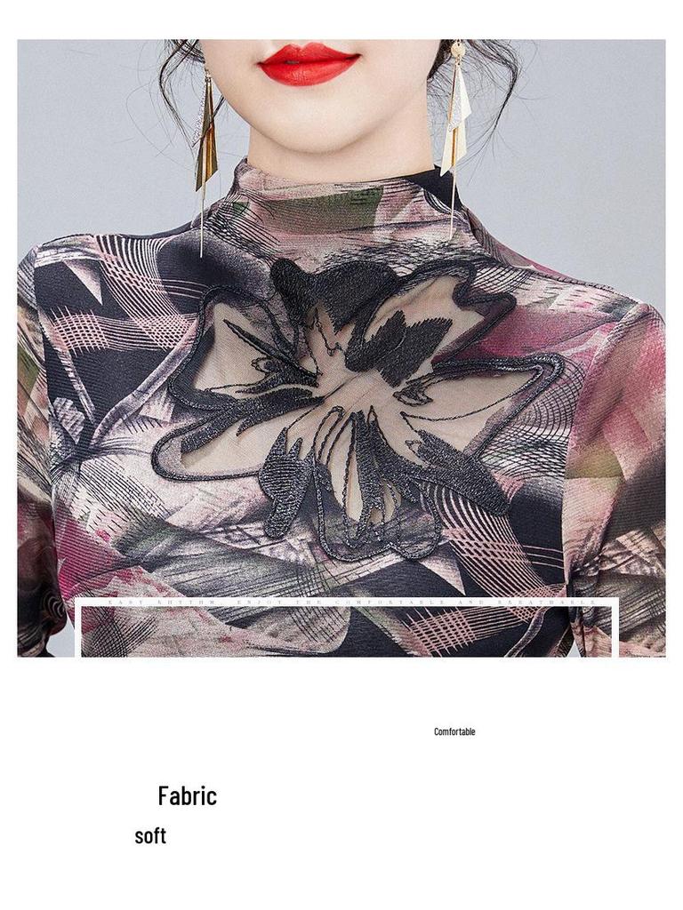 2025 Spring & Autumn Fashion Semi-High Neck Mesh Slimming Top for Moms