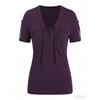 Women S Casual Short Sleeve V Neck Lace Up Solid Color T Shirt