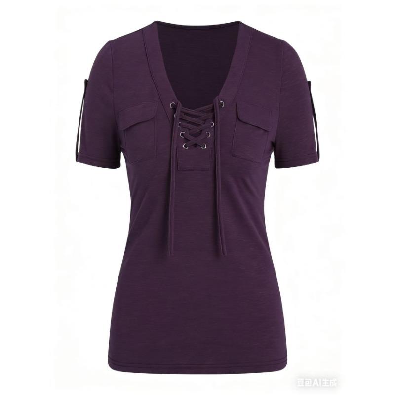 Women S Casual Short Sleeve V Neck Lace Up Solid Color T Shirt