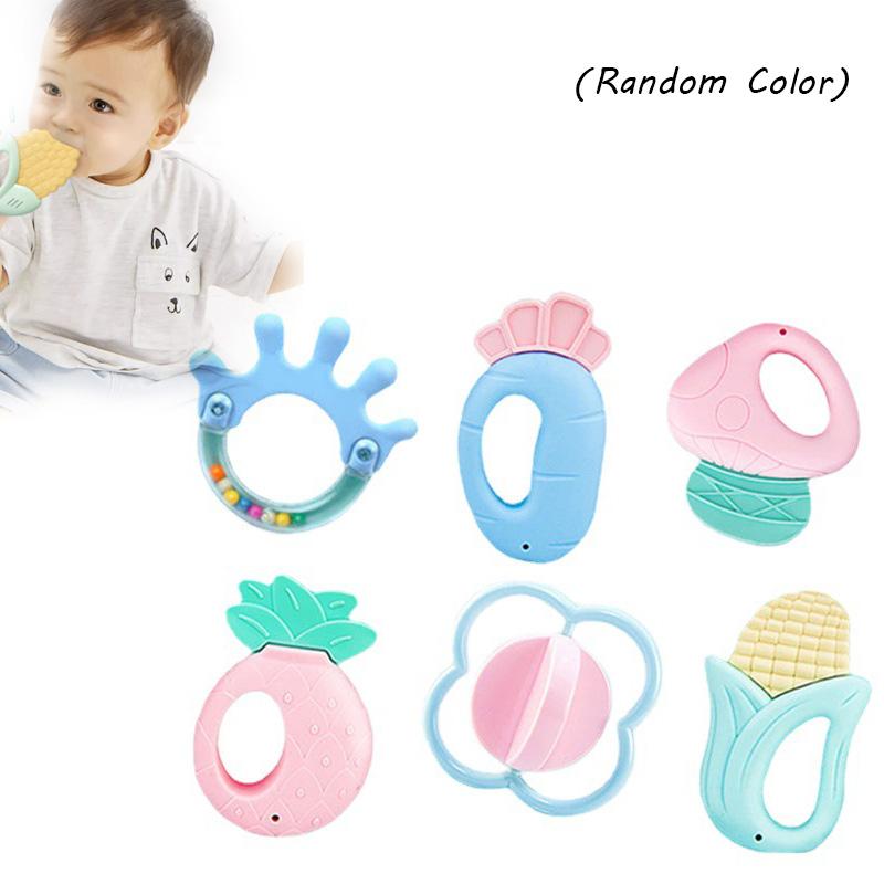 Baby 6pcs Silicone Rattle Set Infant Food Shaped Molar Stick Teething Toys Chew