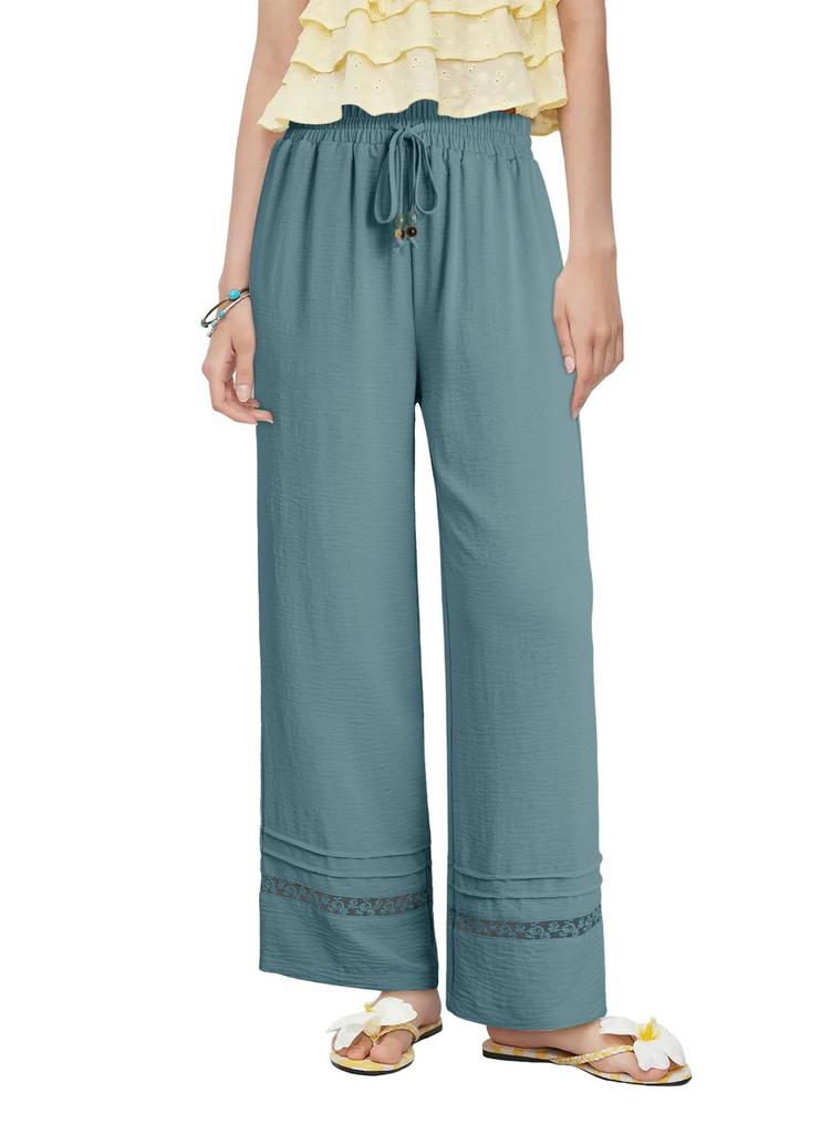 Casual Loose High Waist Solid Straight Hollow Out Wide Leg Cropped Pants For Women