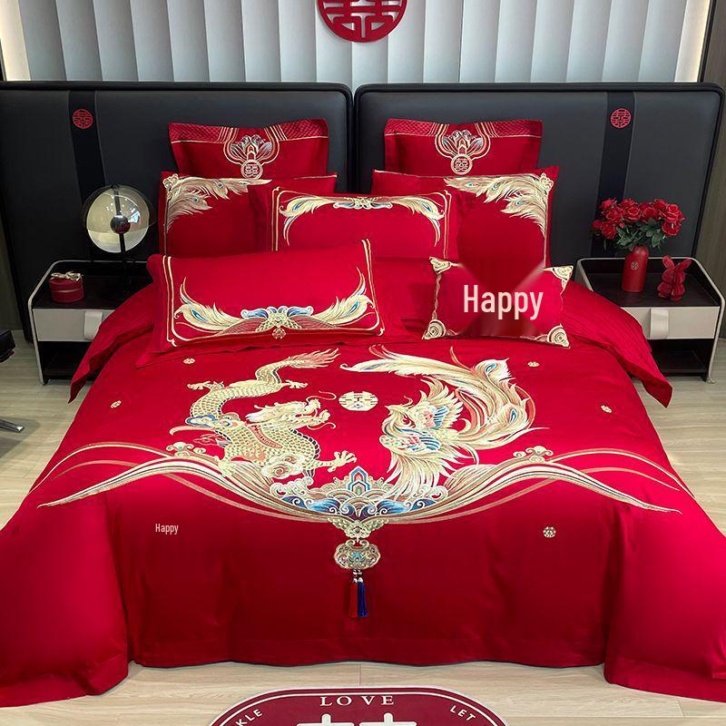 G5Z Κινεζικού Στυλ Κεντητό Κόκκινο Σετ Κλινοσκεπασμάτων Γάμου - Εορταστικό Τετραπλό Σετ με Παπλωματοκάλυμμα για Νιόπαντρα