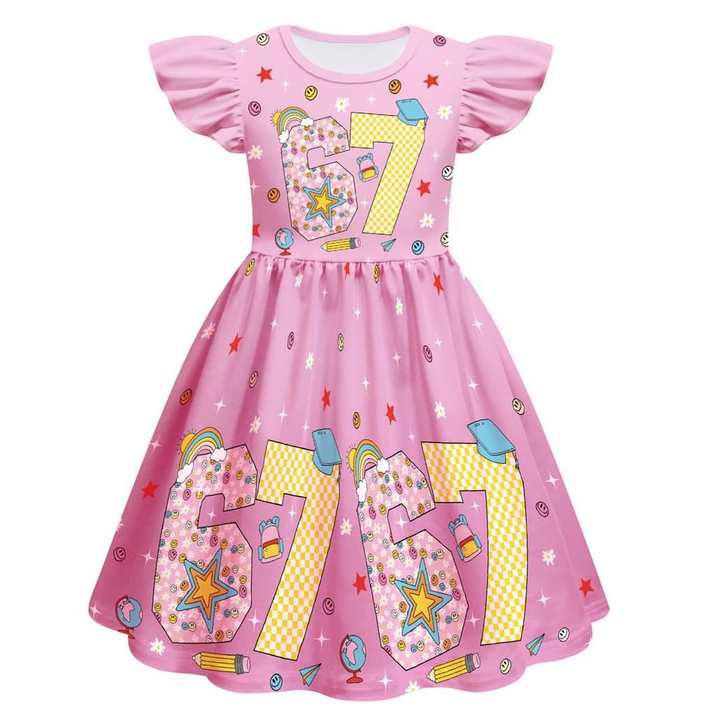 

82867 Kids Girls Steal a Brainrot 67 Print Ruffle Sleeveless Princess Dress 150cm