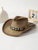 1Pcs Unisex Turquoise Stone Decor Dyeing Printed Cowgirl Hat Summer Travel Shade Wide Brim Cowboy Hat Hollow Out Breathable