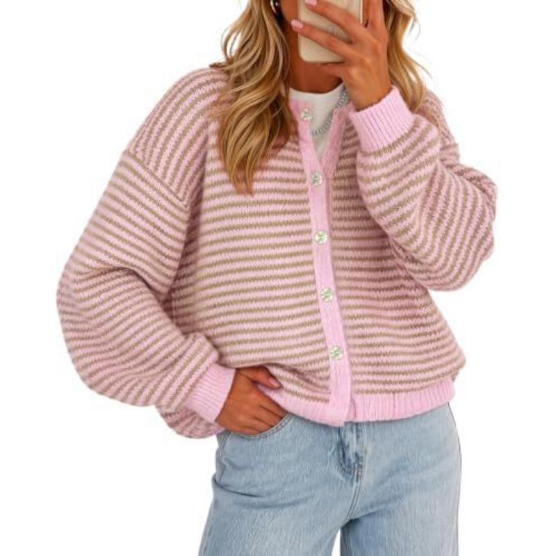 Women S Color Block Striped Crew Neck Button Up Loose Knit Cardigan