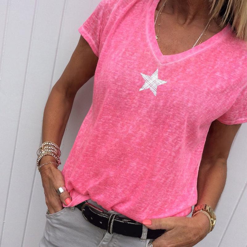 Stylish Women V-neck T-shirt Casual Loose Star Summer Shirts Solid Short Sleeve Perfect For Outdoor Activities