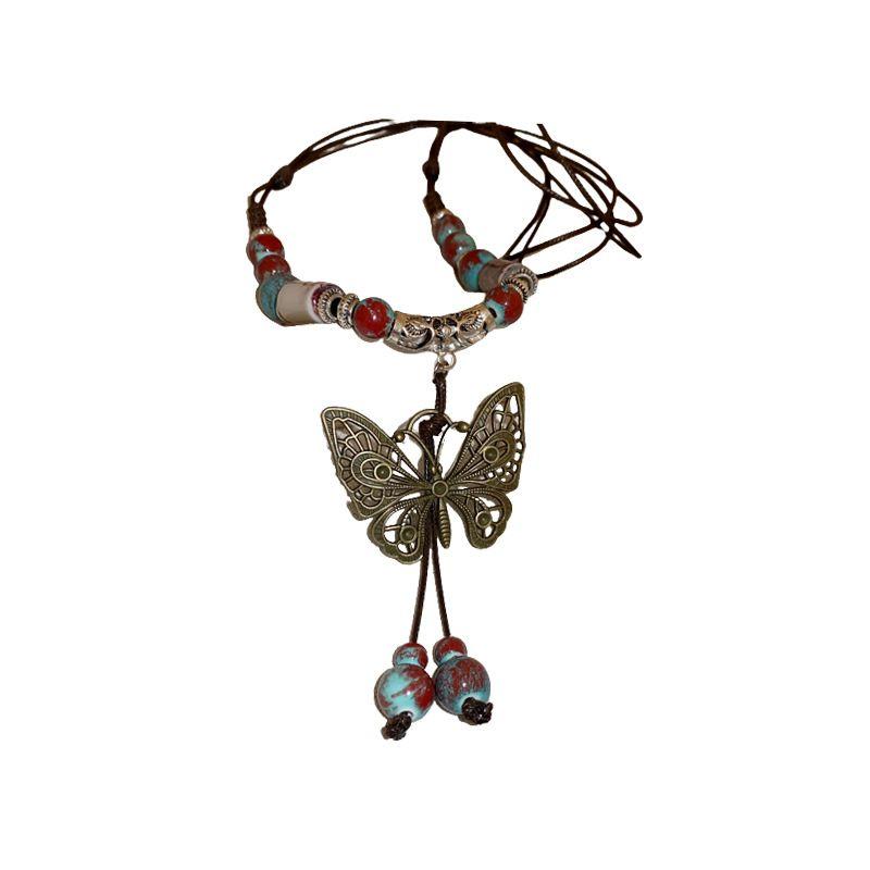 Chinese Style Retro Ethnic Butterfly Bell Beaded Necklace Women's Antique Long Collarbone Chain
