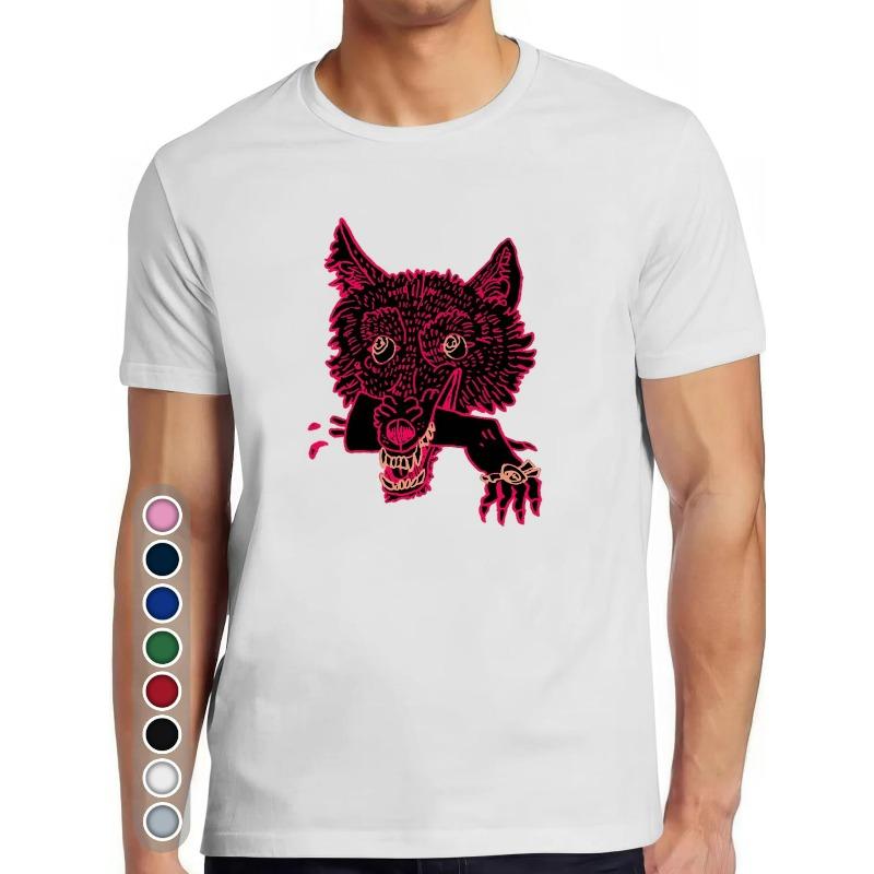 European sizes Men's Neon Pink Wolf Graphic T-Shirt - Fierce Canine Animal Print Short Sleeve Tee