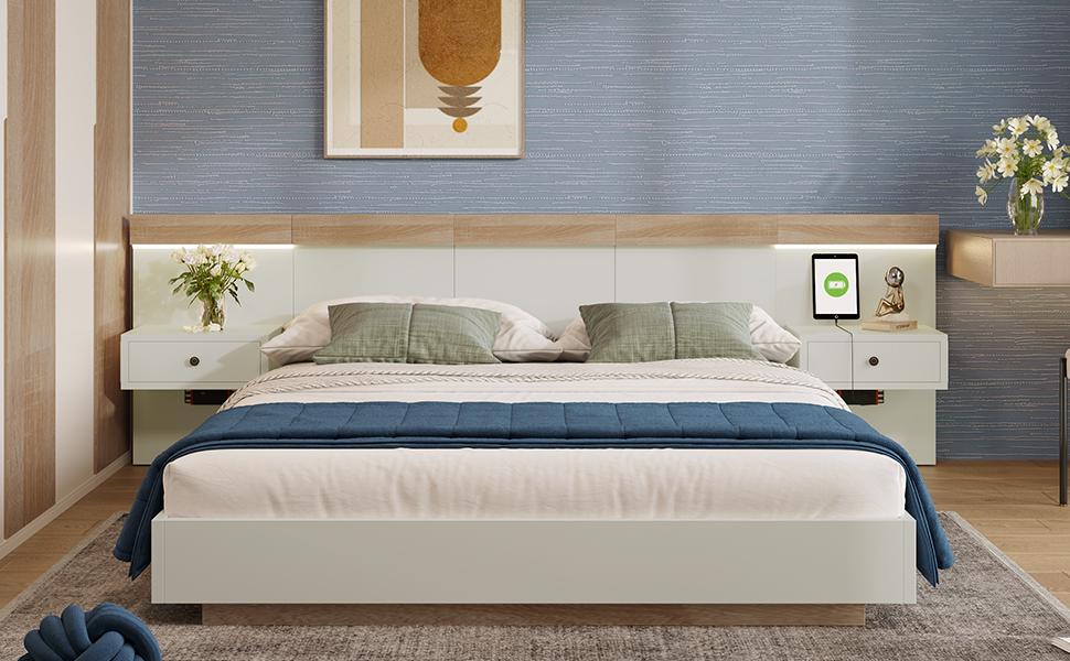 Doppelbett mit 2 LED-Nachttischen & USB-C-Steckdose 160 x 200 cm Holzbett, Schlafzimmer-Set--205x264x90.5 cm(T/B/H) in Sonoma Eiche/Weiß(Keine Matratze)