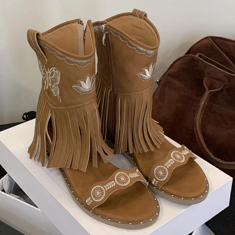 

Fashion Roman Style Tassel Embroidery Butterfly Ankle Boots Women Fashion Open Toe Zipper Summer Boots Comfortable Non-Slip Fashion Boot 39 темно-коричневого