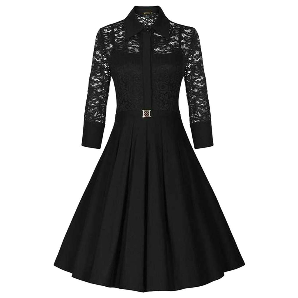Plus Size Women Lace Long Sleeve Midi Dress Ladies Cocktail Evening Party Dress