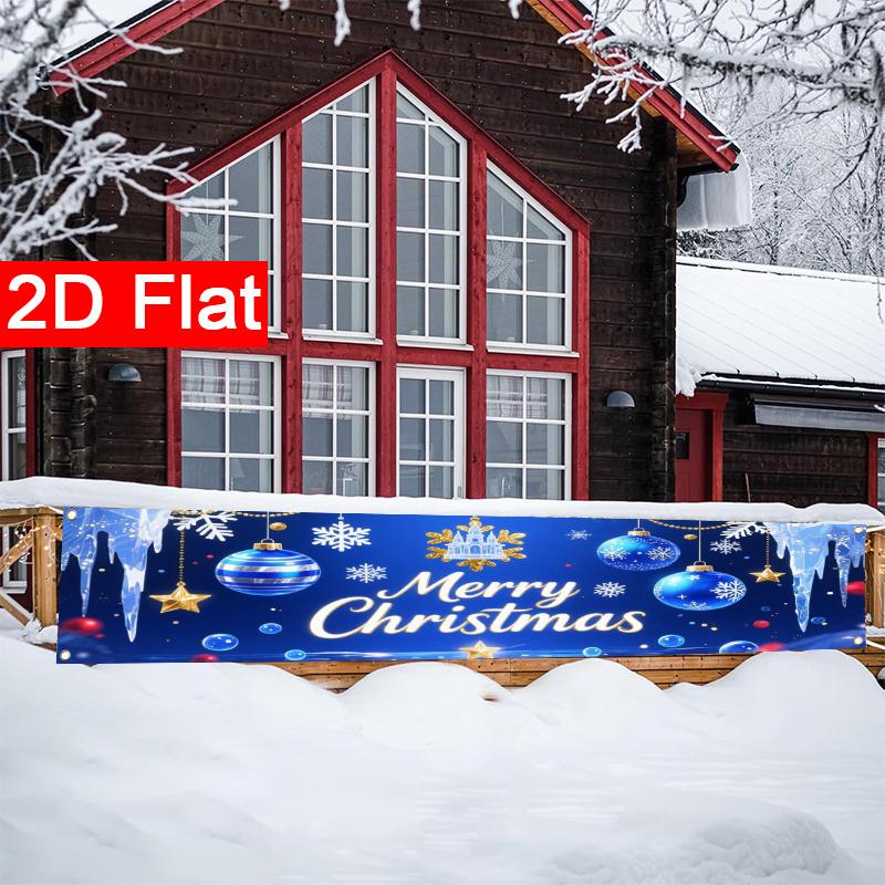 Blue Silvery Christmas Yard Banner, Merry Christmas Xmas Text Design, Polyester Outdoor Porch Fence Wall New Year Party Supplies