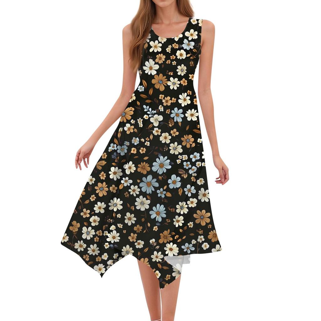 Women's Casual Fashion Round Neck Sleeveless Floral Print Irregular Hem Midi Dress