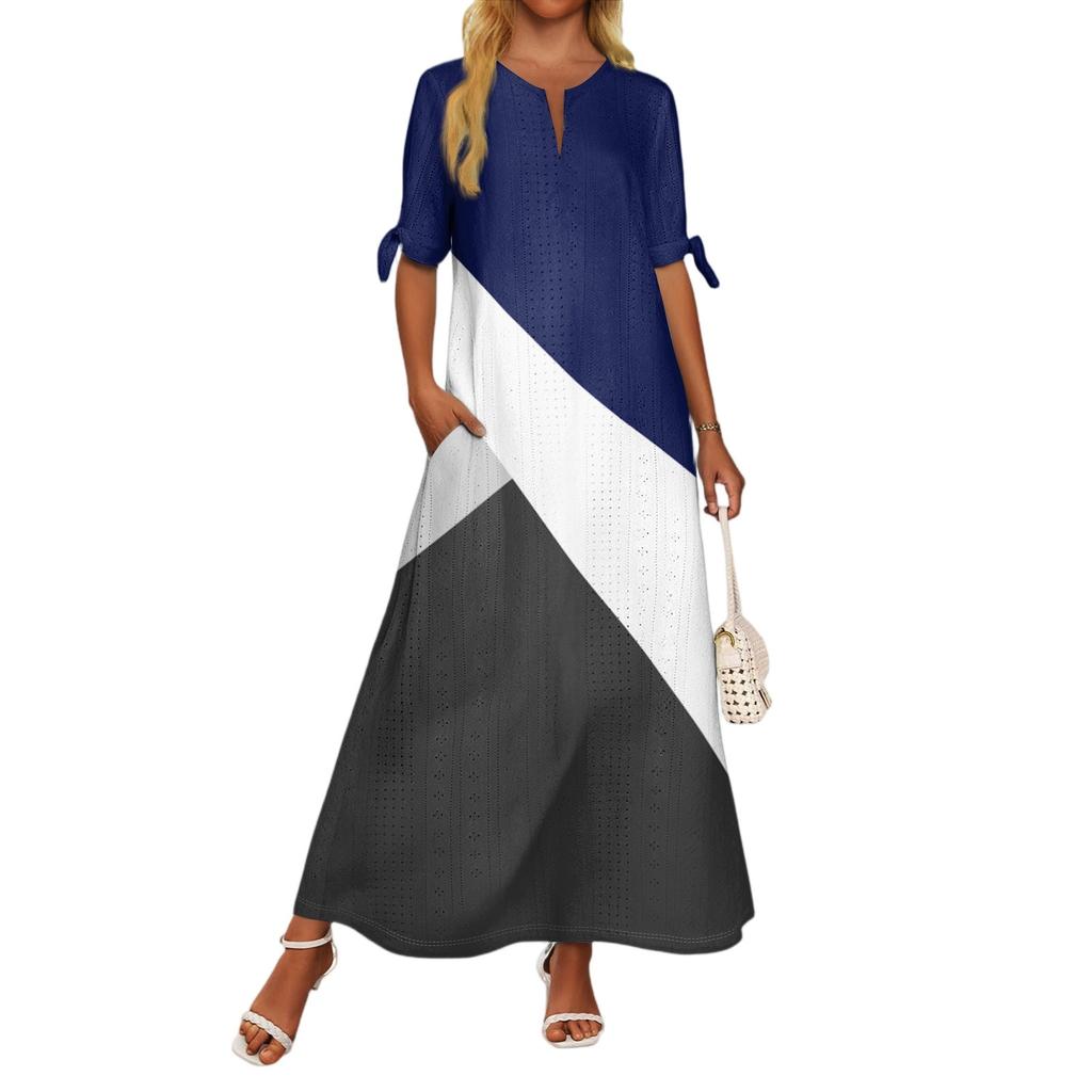 Ladies Casual Fashion Temperament Elegant Waist Patchwork Print Long Dress