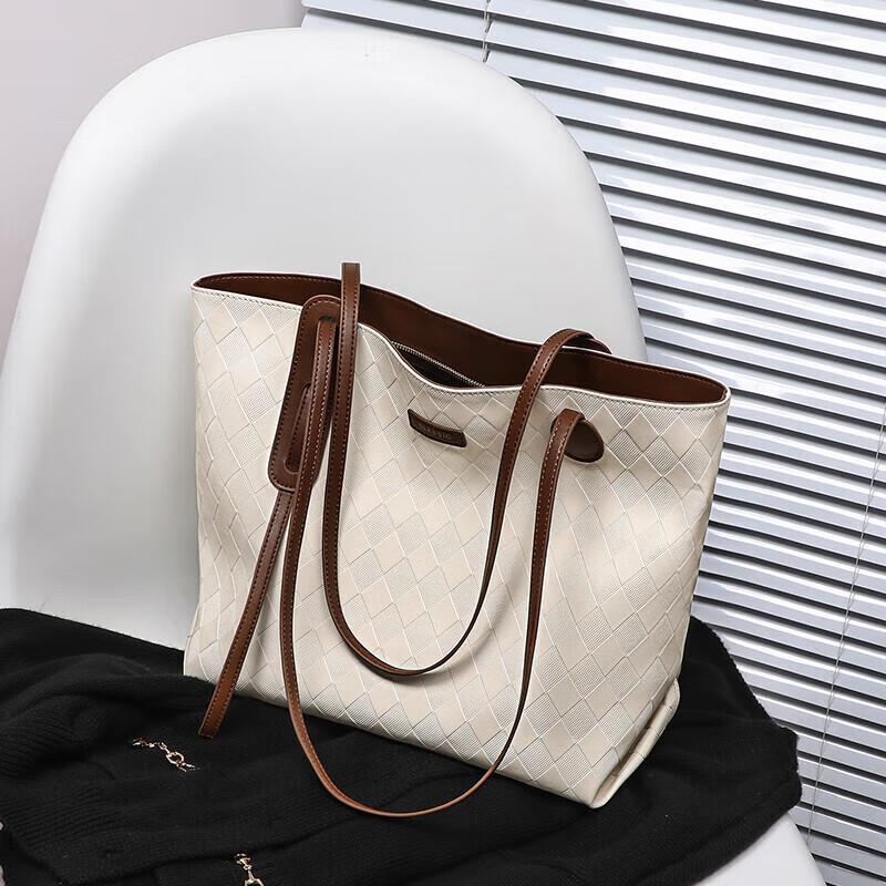 YUYULA Leather Handbag, Women's Tote Bag, Large Capacity, Handheld and Shoulder Strap, Off-White, No Gift Box