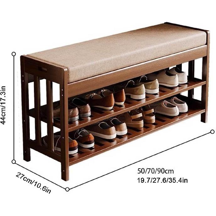 Bamboo Shoe Bench, 3-Tier Storage Rack for Entryway, End of Bed With Cushion, Hallway, Living Room, 19.7" L
