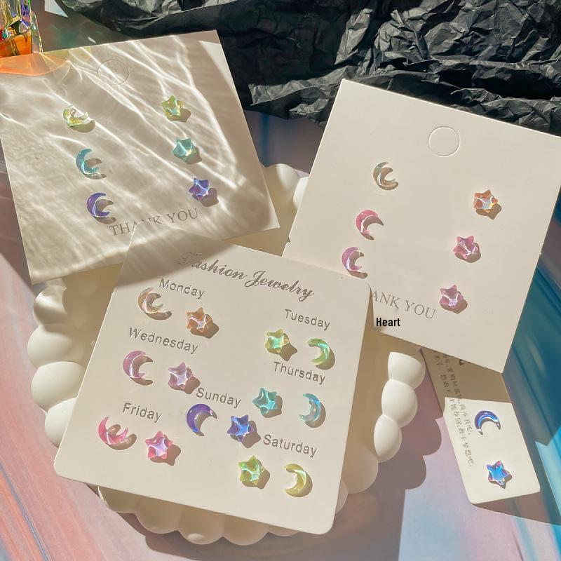 Dreamy Seven-Color Star & Moon Stud Earrings: Dainty, Sparkly Set for Fairy Girls