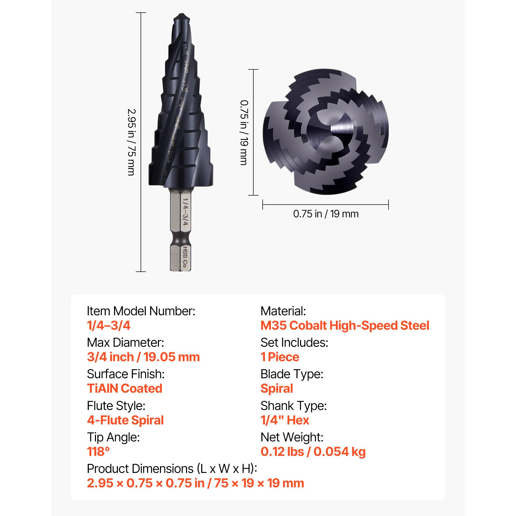 

SucceBuy Step Drill Bit TiAlN Coating Cobalt HSS High Speed Steel Four Spiral Flute Step Bit for Metal Stainless Steel Aluminum