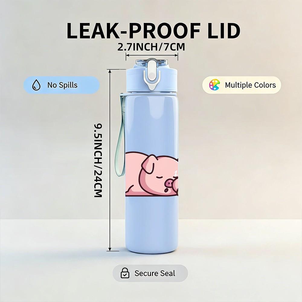 1PC Sleepy Pink Pig Cute Cartoon Print 750ml Color Plastic Sports Water Bottle Leakproof Flip Straw Lid Suitable for Sports Office Home Use