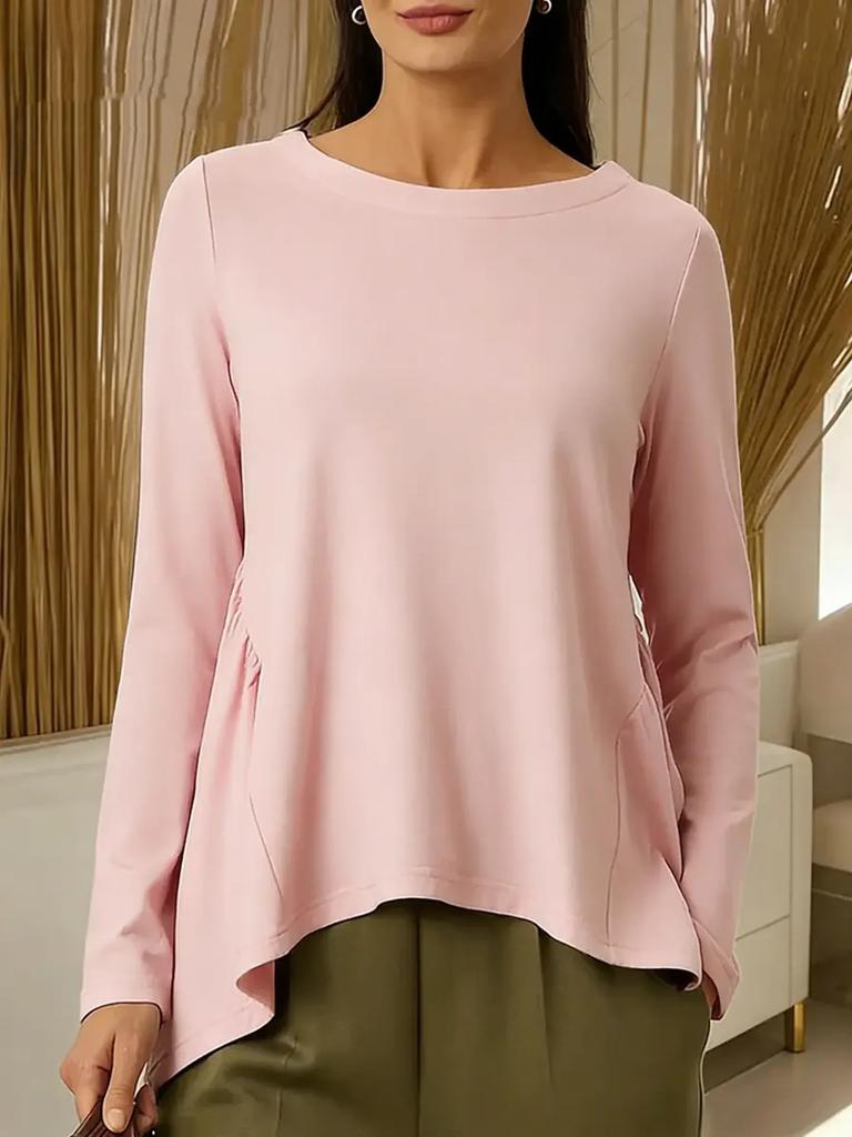 2026 Spring/Autumn New European and American Cross-Border Foreign Trade Amazon WISH Women's Crew Neck Solid Color Long Sleeve Pleated T-Shirt