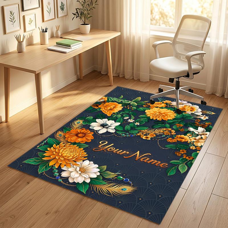 Floral Elegance Theme Soft Crystal Velvet Rug Custom Name & Text Print Non Slip Floor Rug for Bedroom Living Room