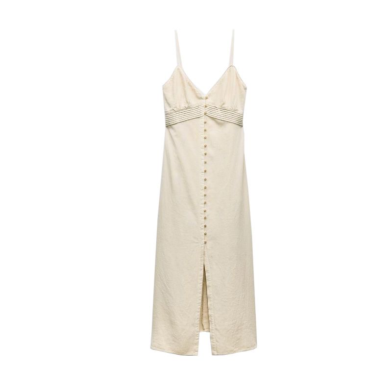 Spring New Arrival V-neck Lace Design Decorated Row Button Linen Blended Sling Midi Skirt Dress 7964709