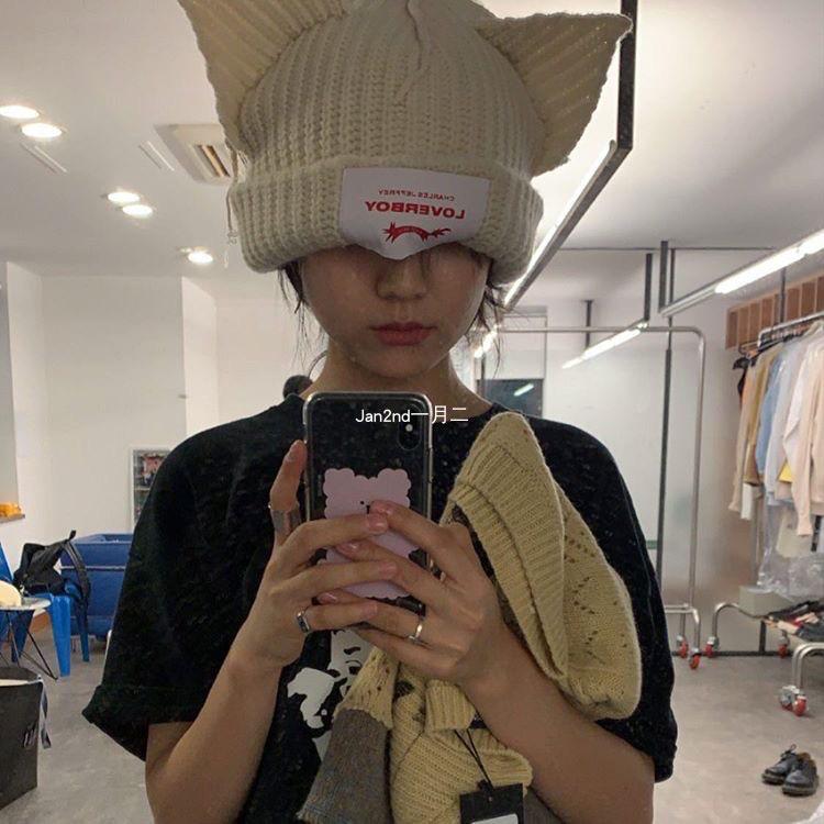 Loverboy Women's Wool Knitted Hat - Cute Cat & Pig Ears, Versatile Autumn/Winter Accessory for Couples.