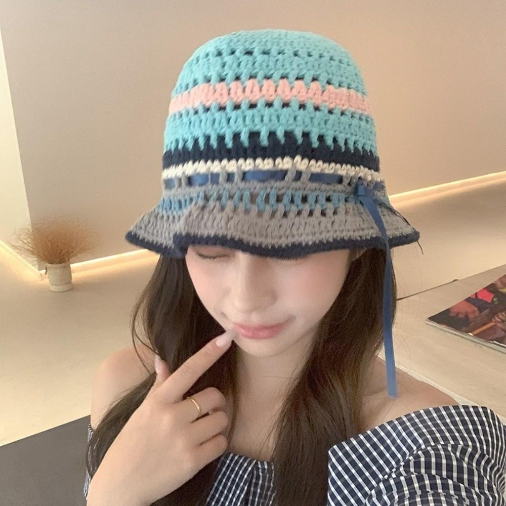 Handmade Knitted Bucket Hats Bow Ribbon Weave Hats Ins Hollow Basin Cap  Streetwear