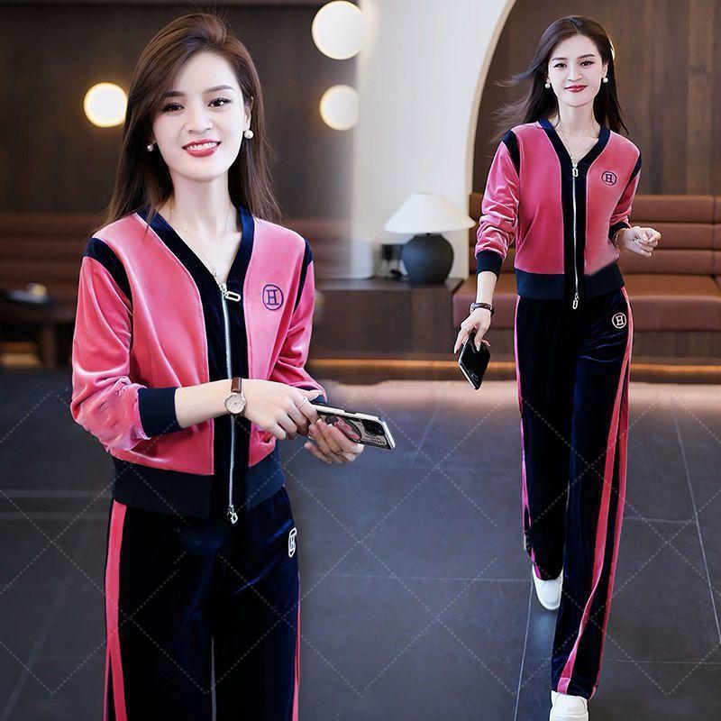 Gold Velvet Casual Sports Suit for Women, Spring and Autumn Style, Age-reducing Wide-leg Pants Two-piece Set