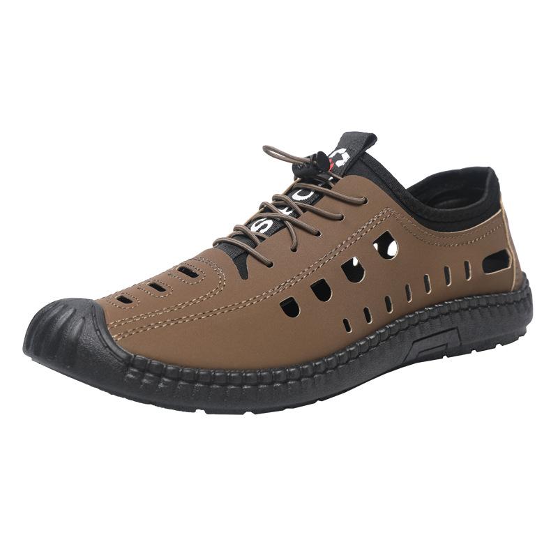 Herren Sandalen Sommer Strandschuhe Weiches Leder Schwarze Sohle Sportschuhe Atmungsaktiv Hohle Ein-Pedal Freizeit Lochschuhe