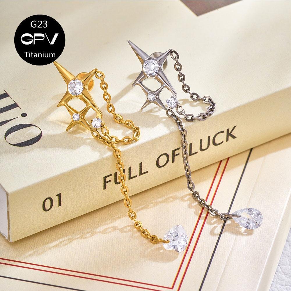 G23 F136 Titanium Star Ear Cartilage Nail Chain Pendant Cross 5A Zircon Earnail Women's Perforated Zircon
