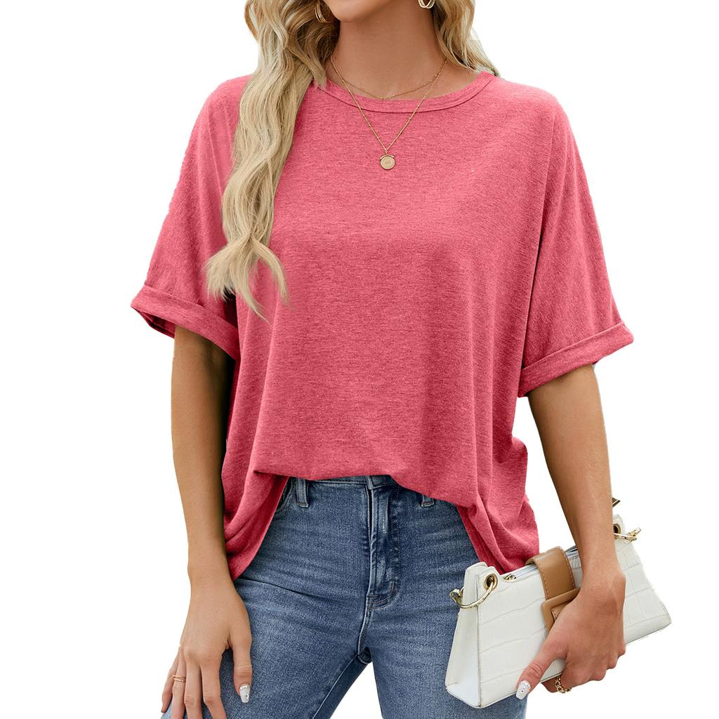 Summer New Solid Color Round Neck Large Size Loose Short Sleeve