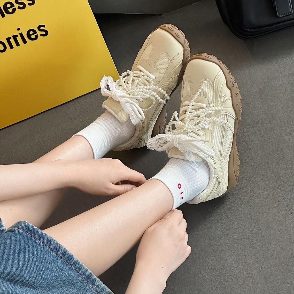 2025 Autumn Lace Pearl Model Inner Height Increase Soft Sole White Shoes Sports Breathable Casual Women's Shoes Non-slip and Wear-resistant