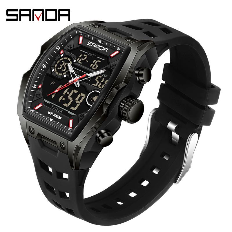 Sanda Dual-Movement Barrel Watch: Luminous Alarm, Large Dial, Multifunctional Student Watch.