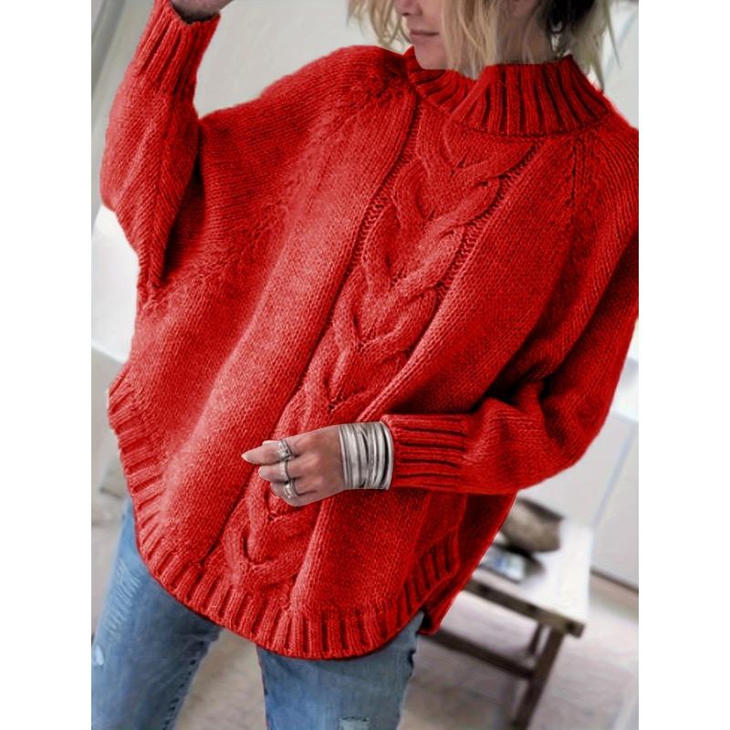 Women'S Vintage-Inspired Black Cable Sweater with High Neck, Loose Fit, Casual, Everyday Pullover, Vintage Sweater | Cable Pattern, Sweater Dress