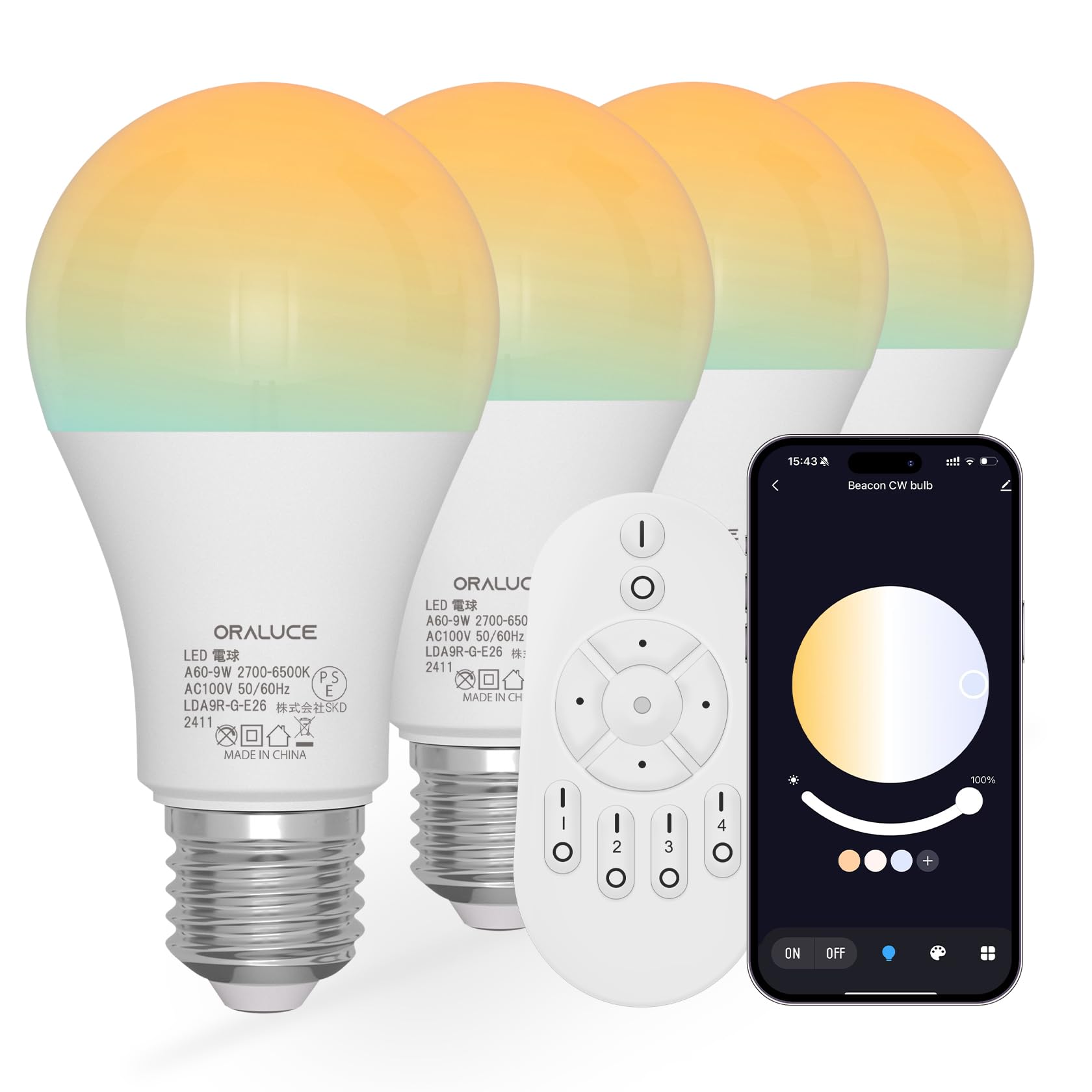 

ORALUCE LED Bulbs, E26 Base, 60W Equivalent, Remote Control Included, Dimmable, 9W, 810LM, Daylight, Neutral White, Warm White, Remote Control, Night