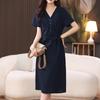 2025 Summer Mid-length V-neck Slimming Cotton Linen Dress for Middle-aged Women