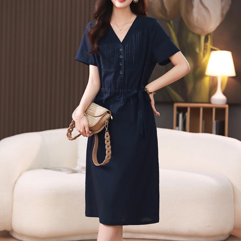 2025 Summer Mid-length V-neck Slimming Cotton Linen Dress for Middle-aged Women