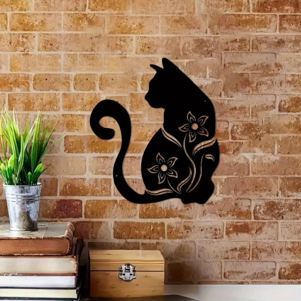 1pc Black Cat Metal Wall Art Floral Accents Home Decor 15.74 Inch for Living Room Bedroom Kitchen Outdoor Cat Decoration