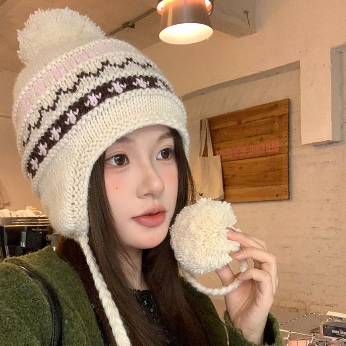 Autumn and Winter Hat Women's Fashion Knitted Wool Hat Hairball Ear Protection Warm Hat