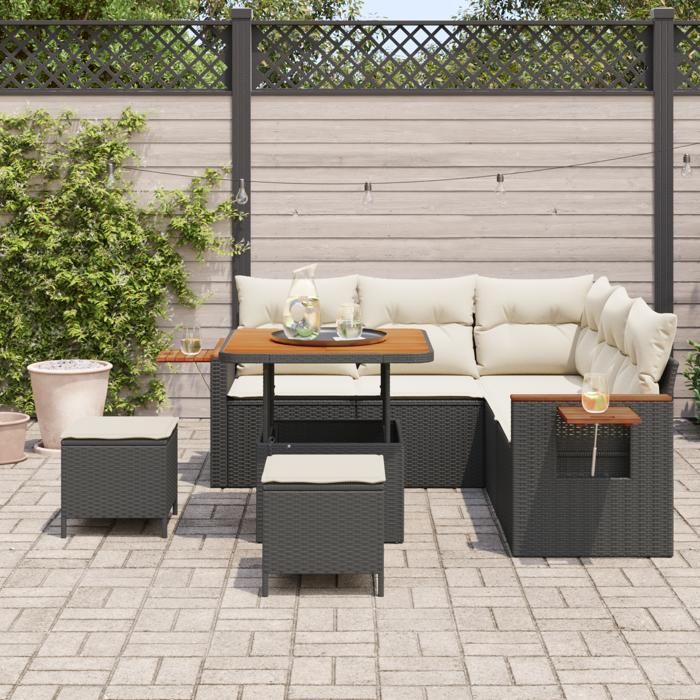 Ensemble de 8 pièces de canapé de jardin avec coussins noir en rattan poly acacia, Ensemble de salle à manger de jardin 3363170