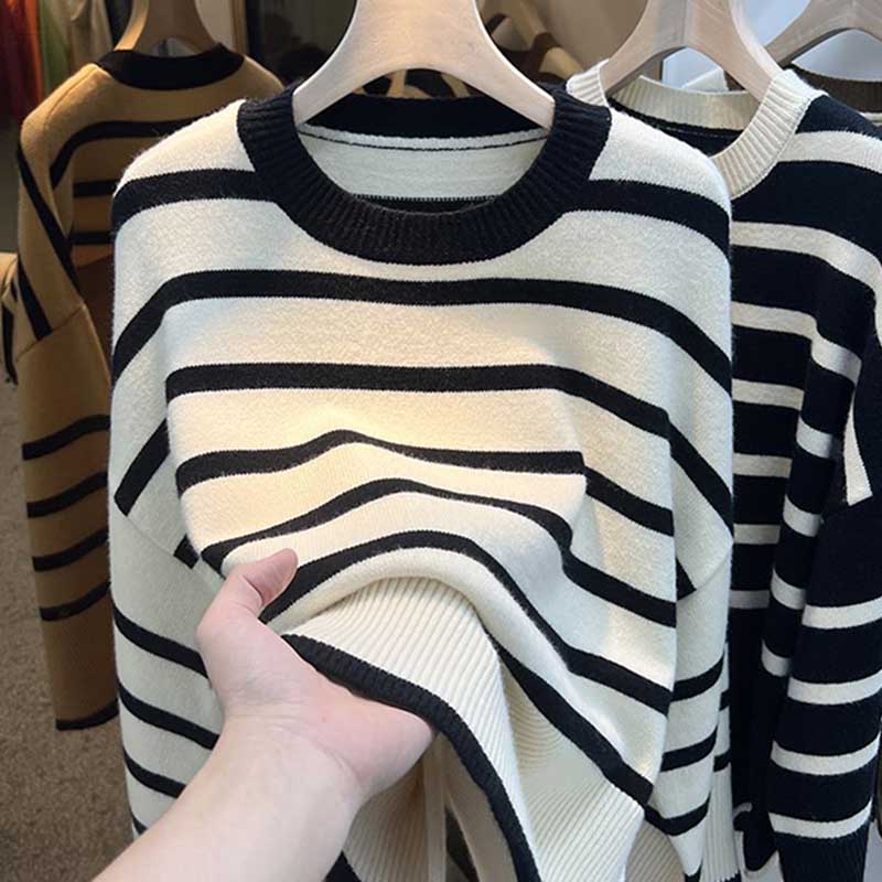 Sweater Pullovers Tops Women Long Sleeves Contrast Stripes Autumn Winter Oversized  Loose Long Sleeve Pullover Tops