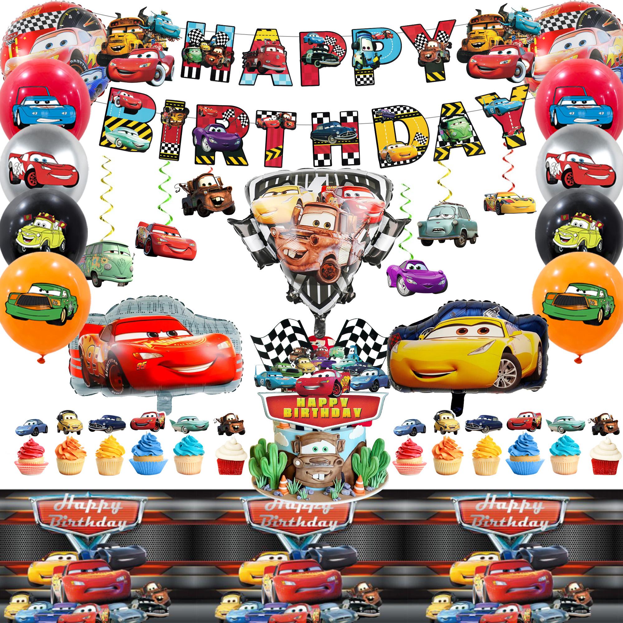 

38Pcs Cartoon Birthday Party Supplies, Cartoon Decorations Set - Cartoon Birthday Decorations Banner Tablecloth & Cars Balloons Cake Topper etc