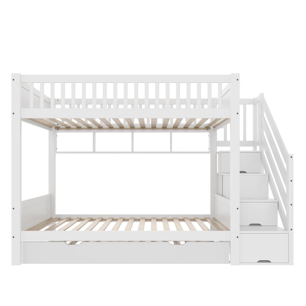 Etagenbett Kinder 90x200, Hochbett Ausziehbett, Kleiderschrank, Ablageleiter, Regal, Lattenrost, Kiefernholz, Weiß (ohne Matratze)