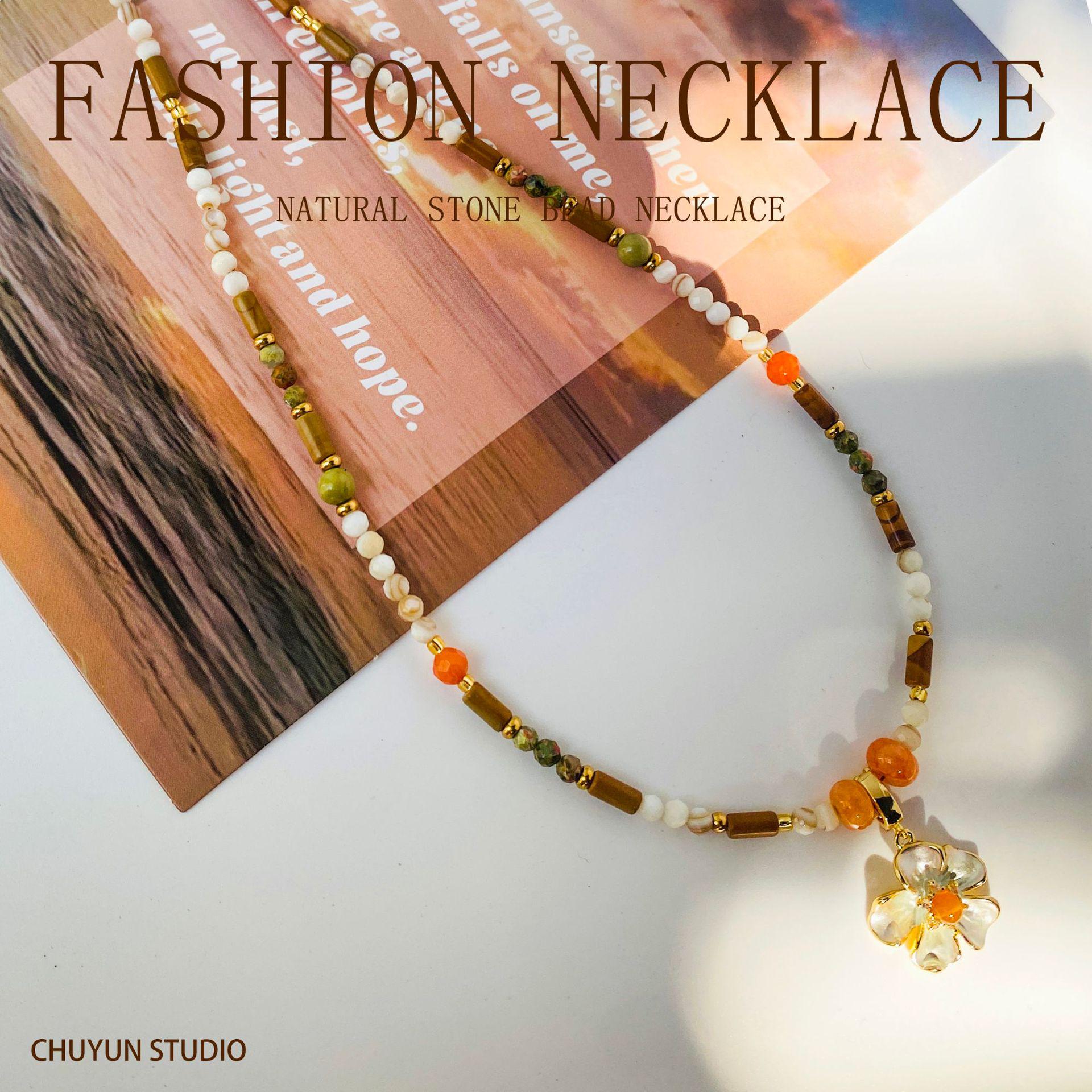 

Camellia Morandi Melange Beaded Stone Necklace - Women s Autumn Original Design Clavicle Chain Unique