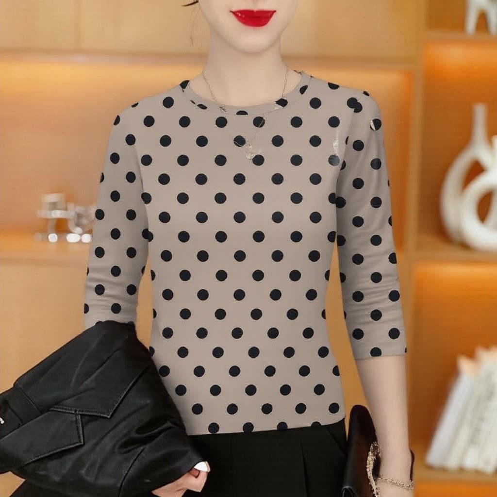 Spring Polka Dot Long Sleeve Shirt for Middle-Aged & Elderly Women - Stylish, Slimming, Tummy Concealing Top