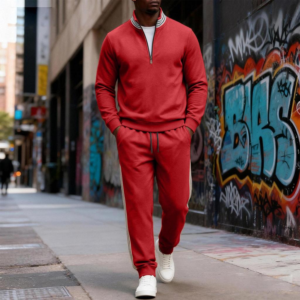Men's 2 Piece Sweatsuit Set Fall Winter Striped Half Zip Stand Collar Sweatshirt and Sweatpants Casual Athletic Tracksuit