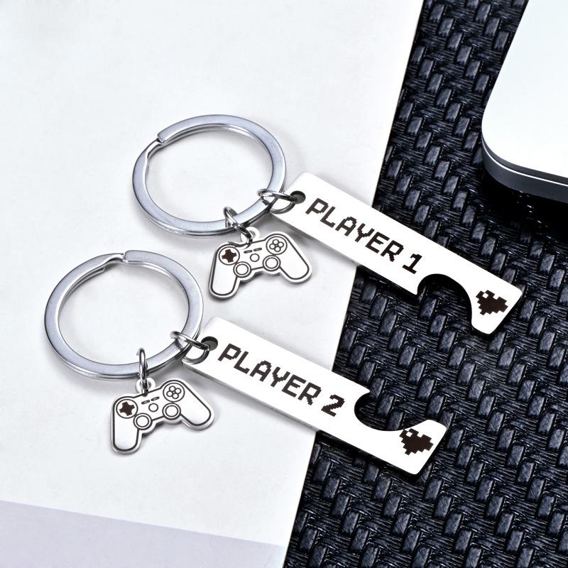 Stainless Steel Personalized Couple Keychain - Commemorative Gaming Gift 12x50mm + Game Handle